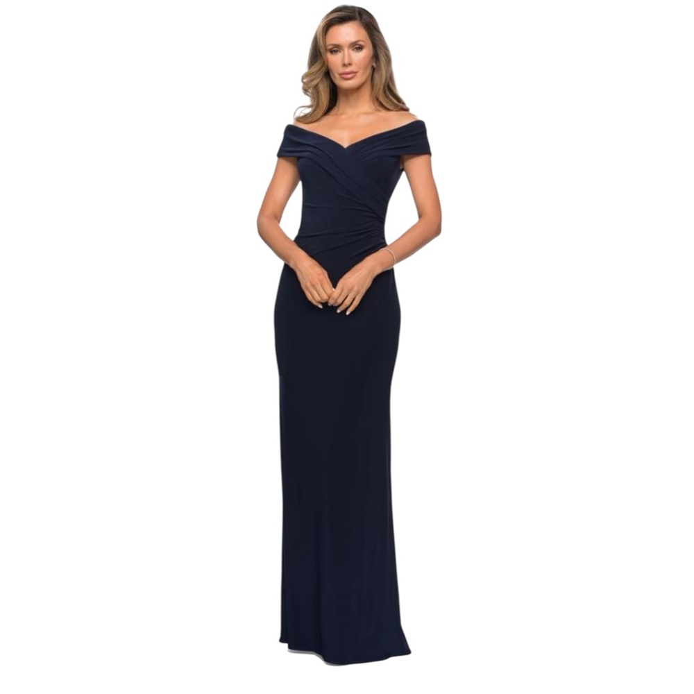 La Femme Off the Shoulder Formal Dress 10 Navy Blue 27959
